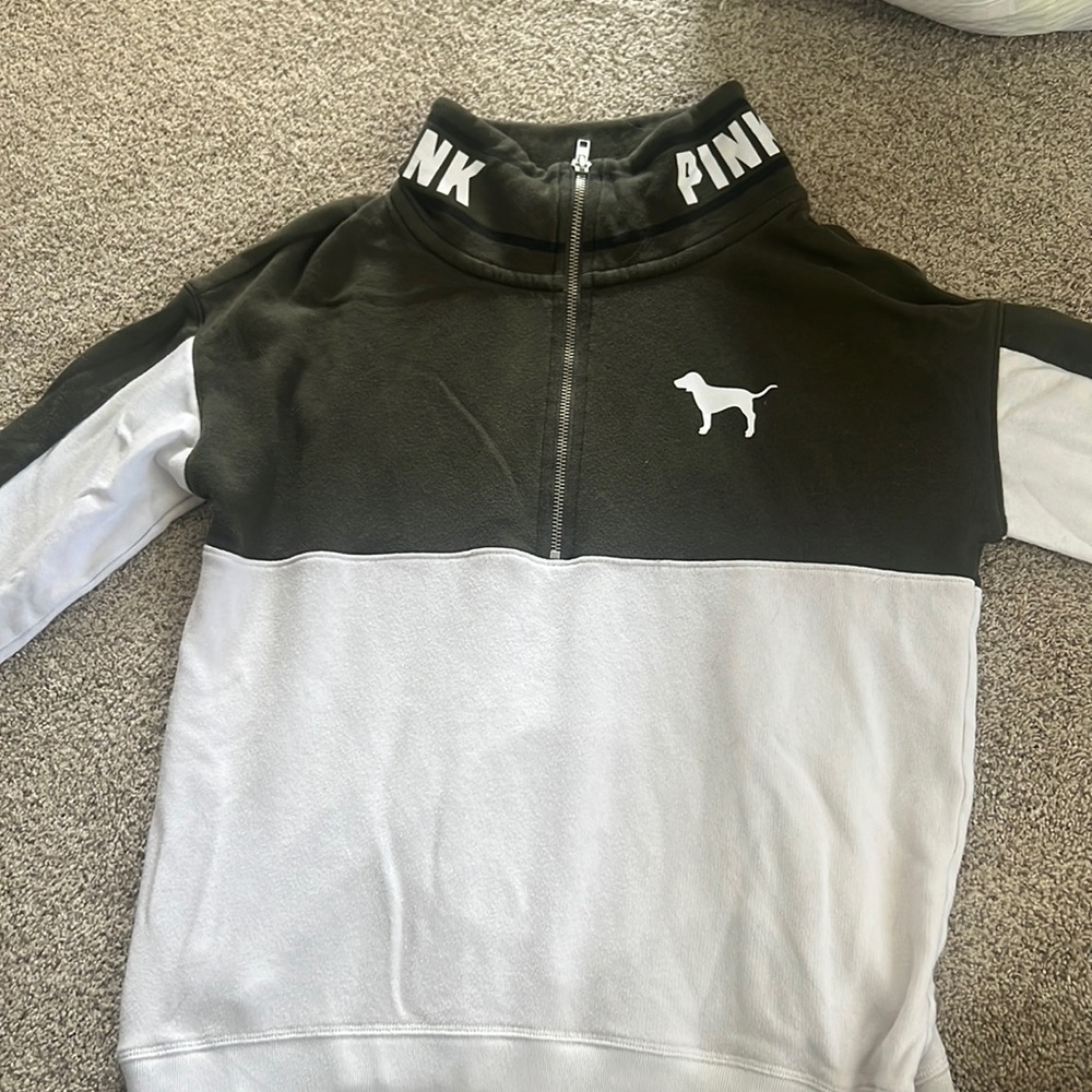PINK quarter zip pullover. Army green and white. Size XS